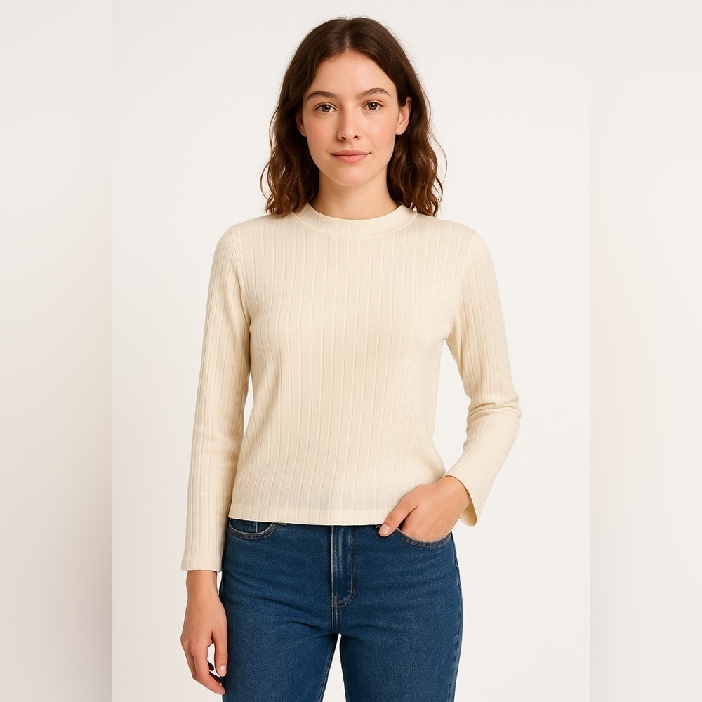 LOU & Grey Women’s Ivory Ribbed Mock Neck Long Sleeve Knit Top Size M